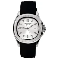 Features: Silver Textured Dial Date Display Black Silicone Strap Stainless Steel Case Quartz Movement
