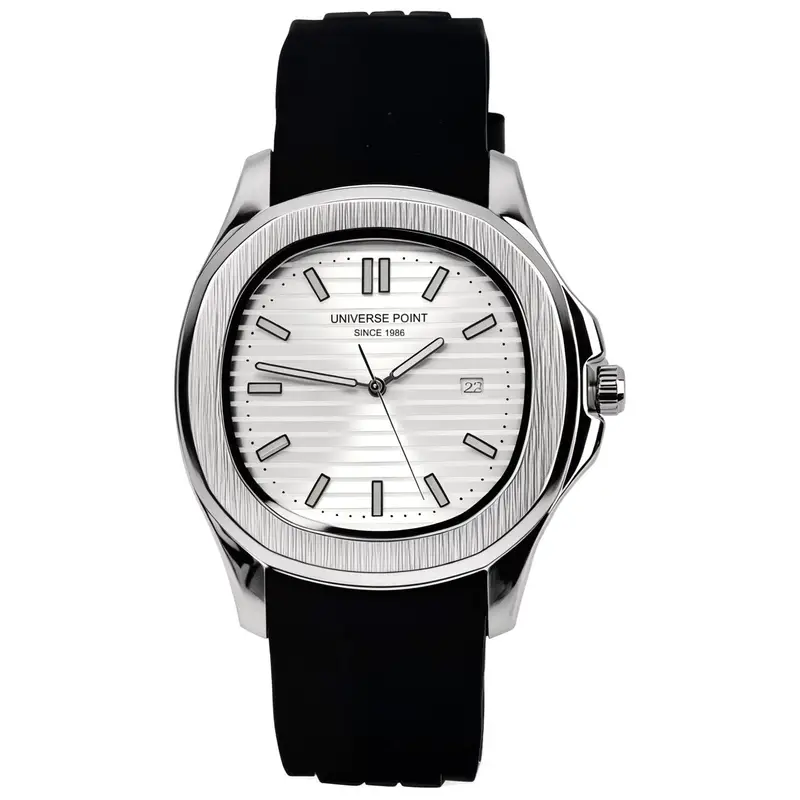Features: Silver Textured Dial Date Display Black Silicone Strap Stainless Steel Case Quartz Movement